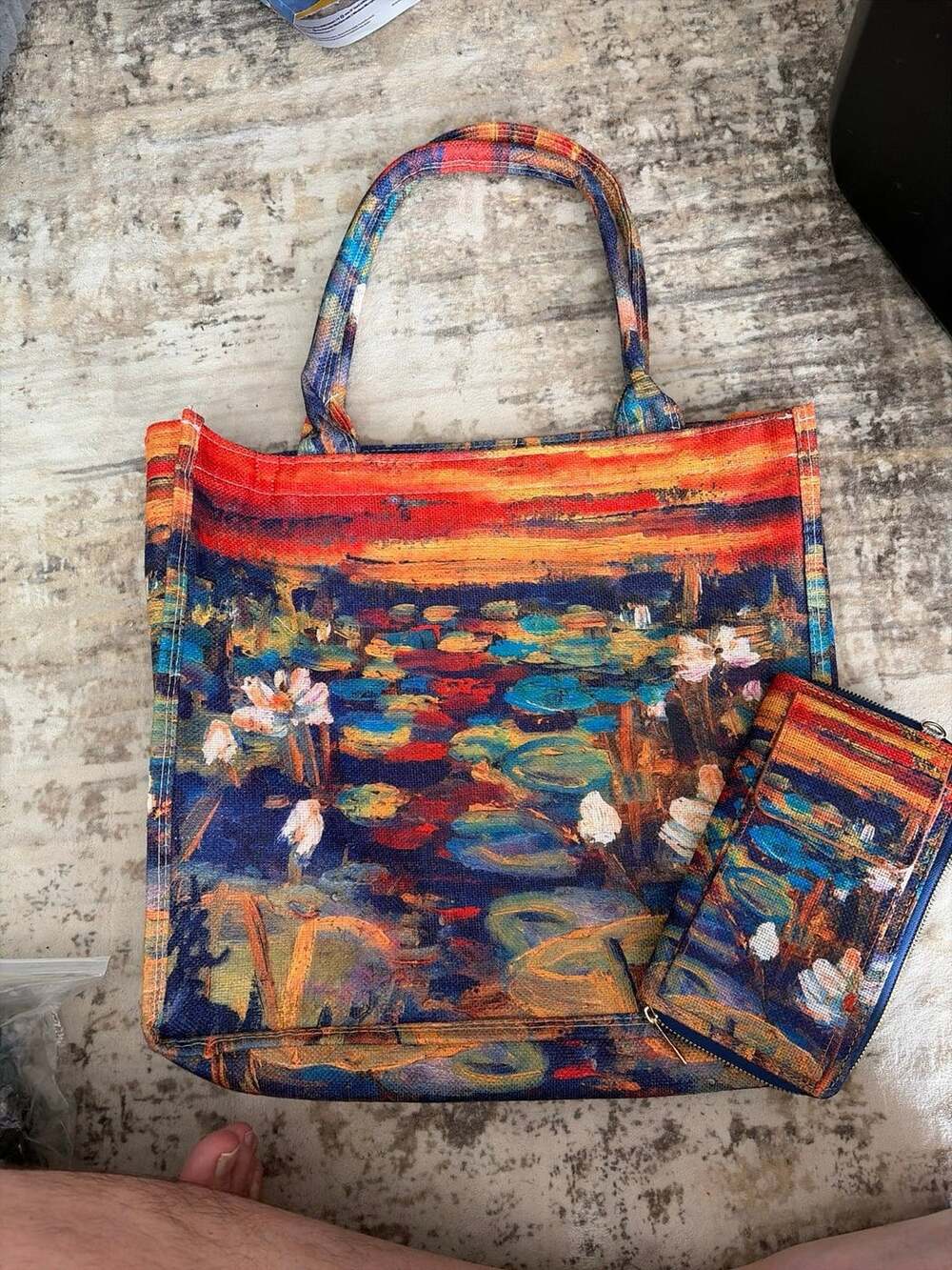 Claude Monet Water Lilies Red Sunset Tapestry Tote Bag & Wallet Set